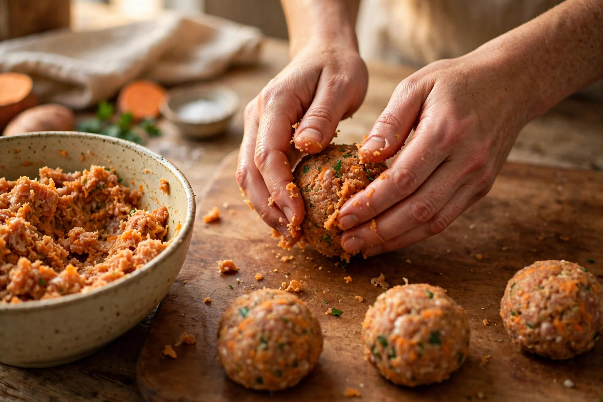 Rolling turkey and sweet potato meatballs for dogs