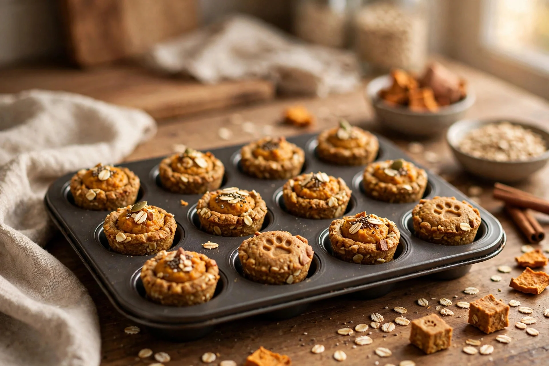Mini pumpkin pie bites for dogs in a muffin tin