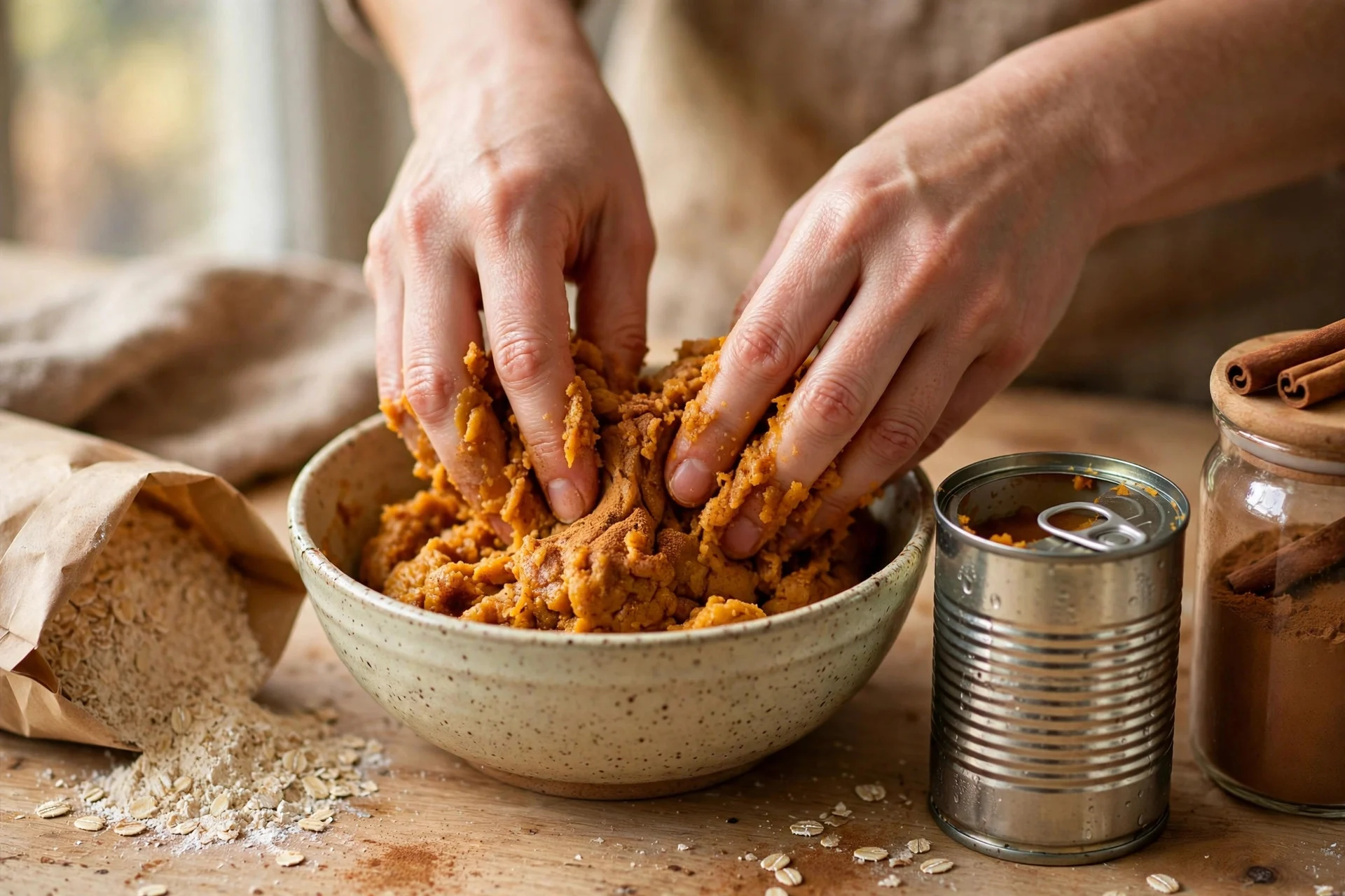 Mixing pumpkin spice dog treat dough in a bowl