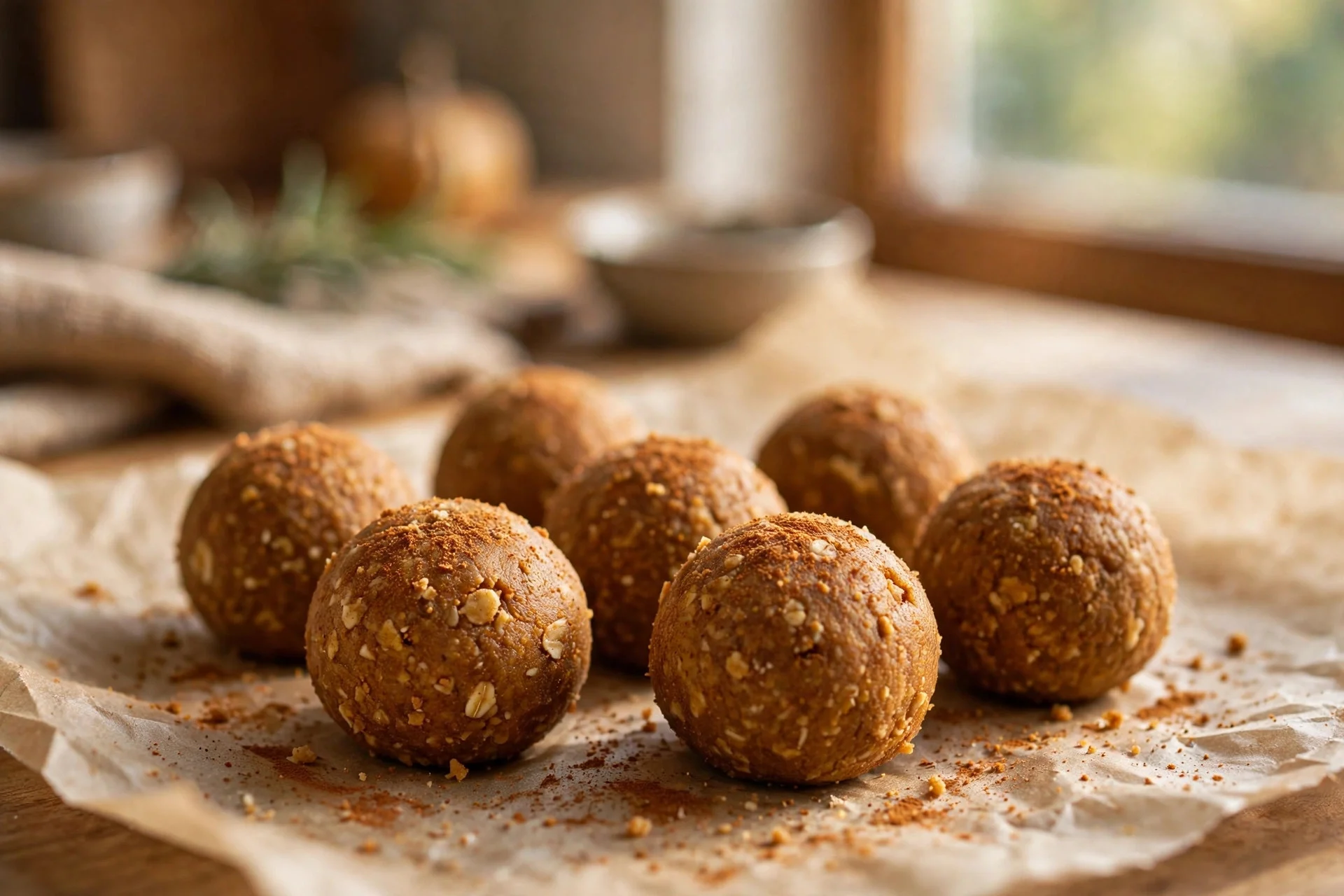 No-bake pumpkin spice dog treat balls on parchment paper