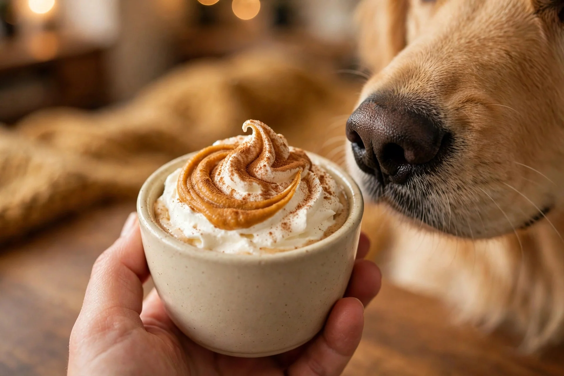 Dog-safe pumpkin spice puppuccino in a small cup