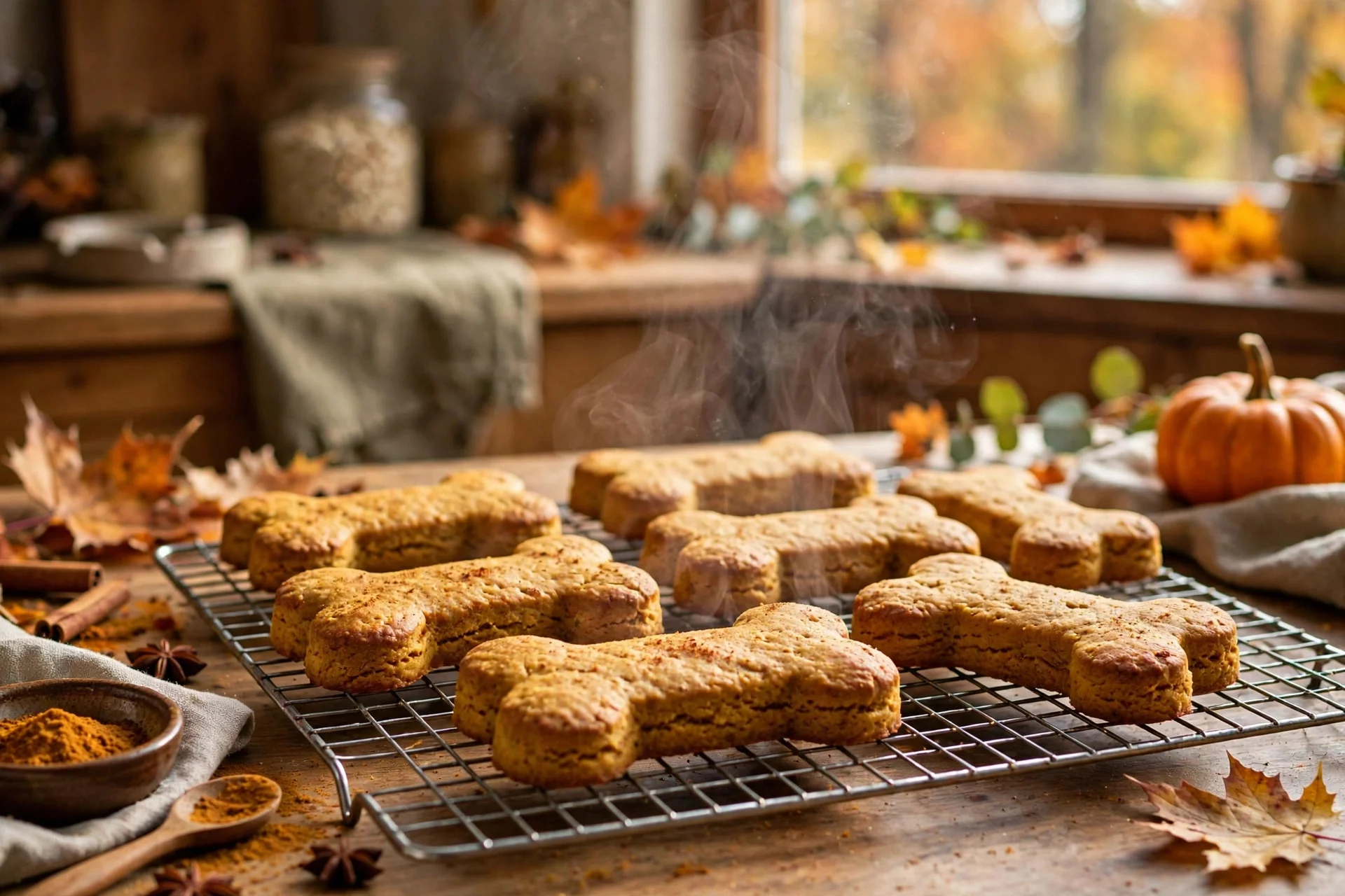 Baked pumpkin spice dog biscuits cooling on a wire rack