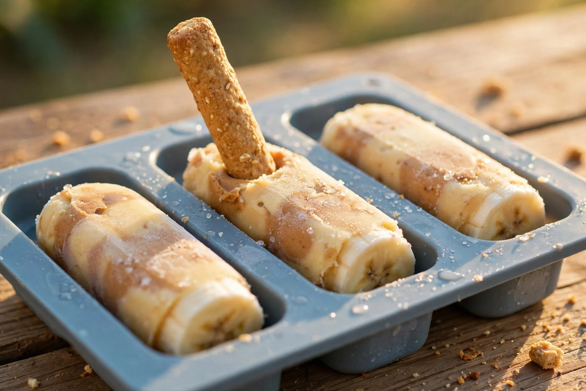 Peanut butter banana pupsicles for dogs in silicone molds