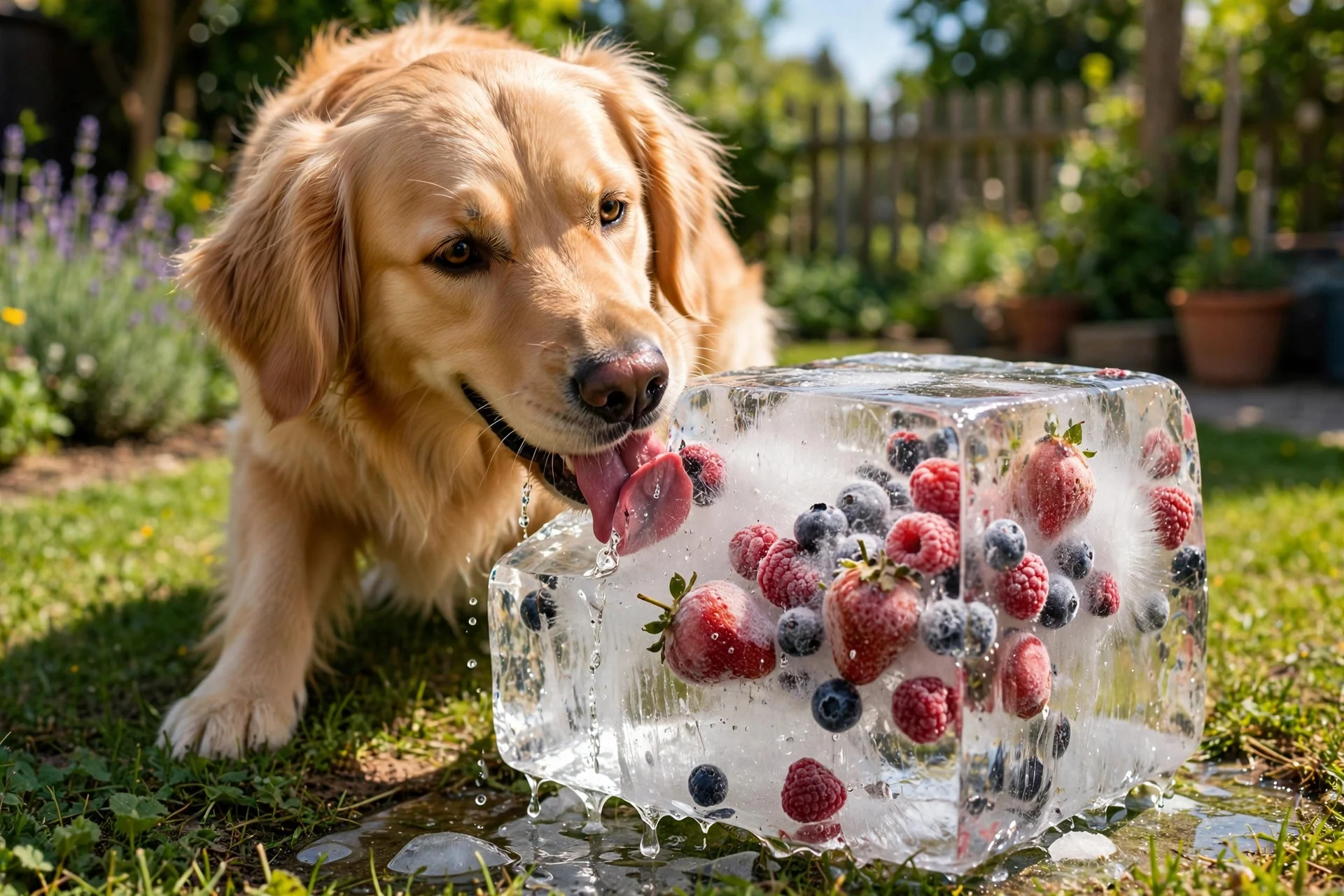 Mixed berry ice bowl treat for dogs melting in the summer sun