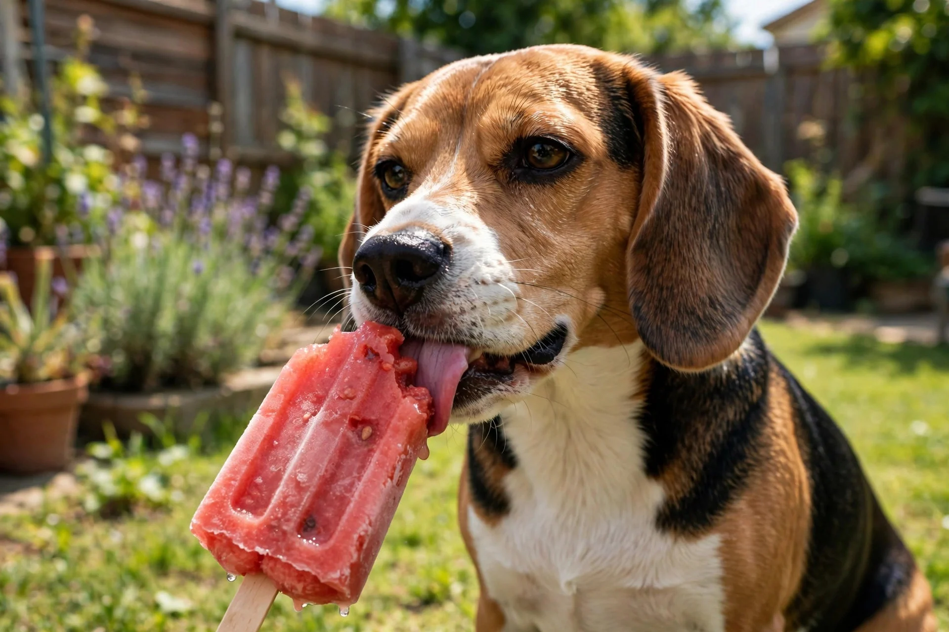 Dog enjoying a frozen watermelon popsicle on a hot day