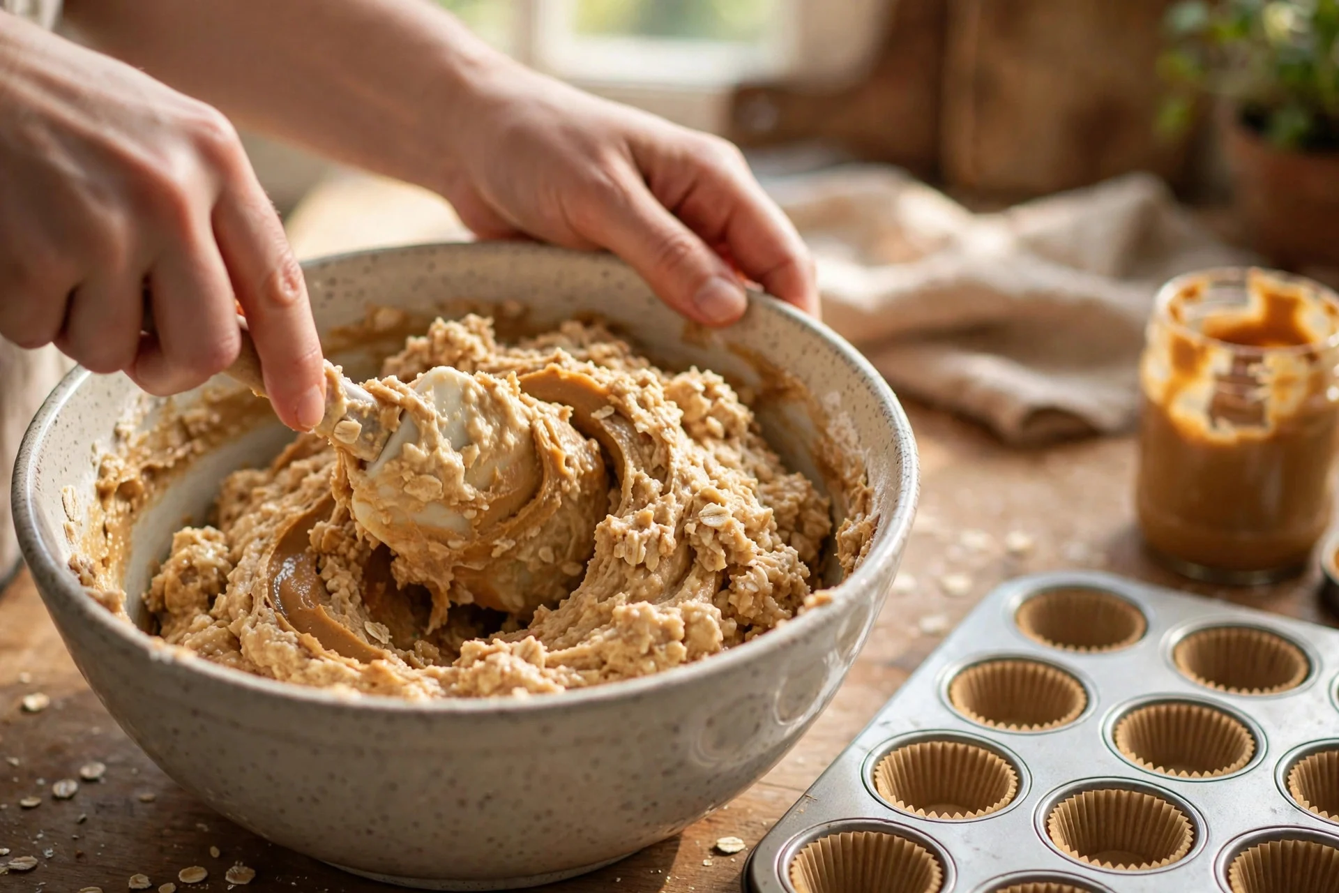 Mixing dog cupcake batter in a bowl