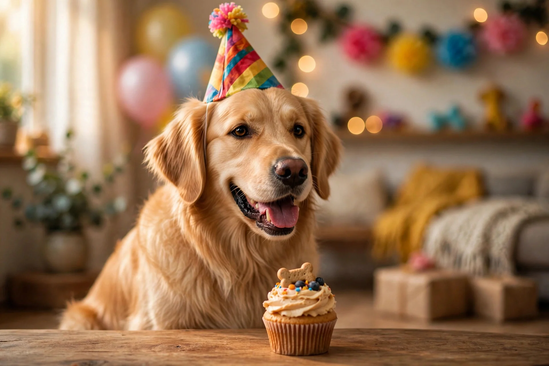 Golden retriever celebrating with a birthday cupcake and party hat