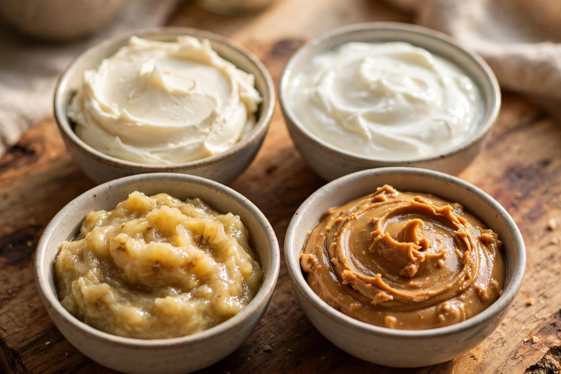 Four kinds of dog-safe frosting in small bowls