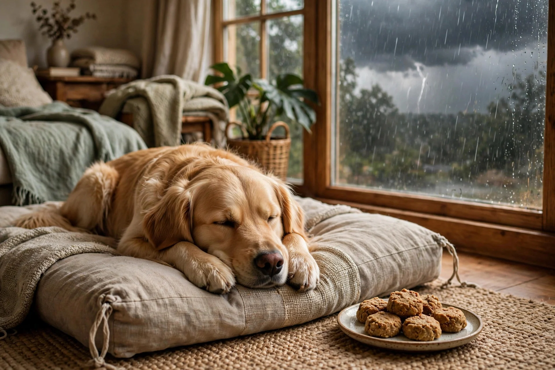 Calm dog resting with homemade calming dog treats during a storm