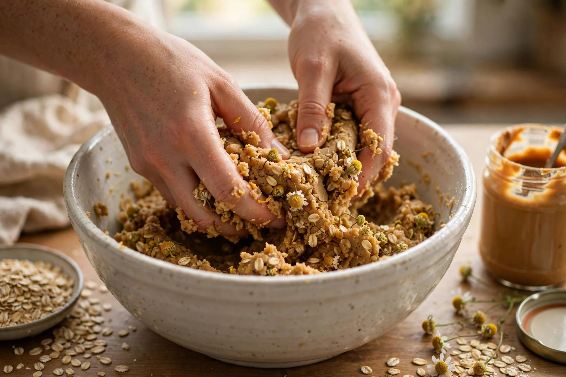 Mixing chamomile peanut butter dog treat dough by hand