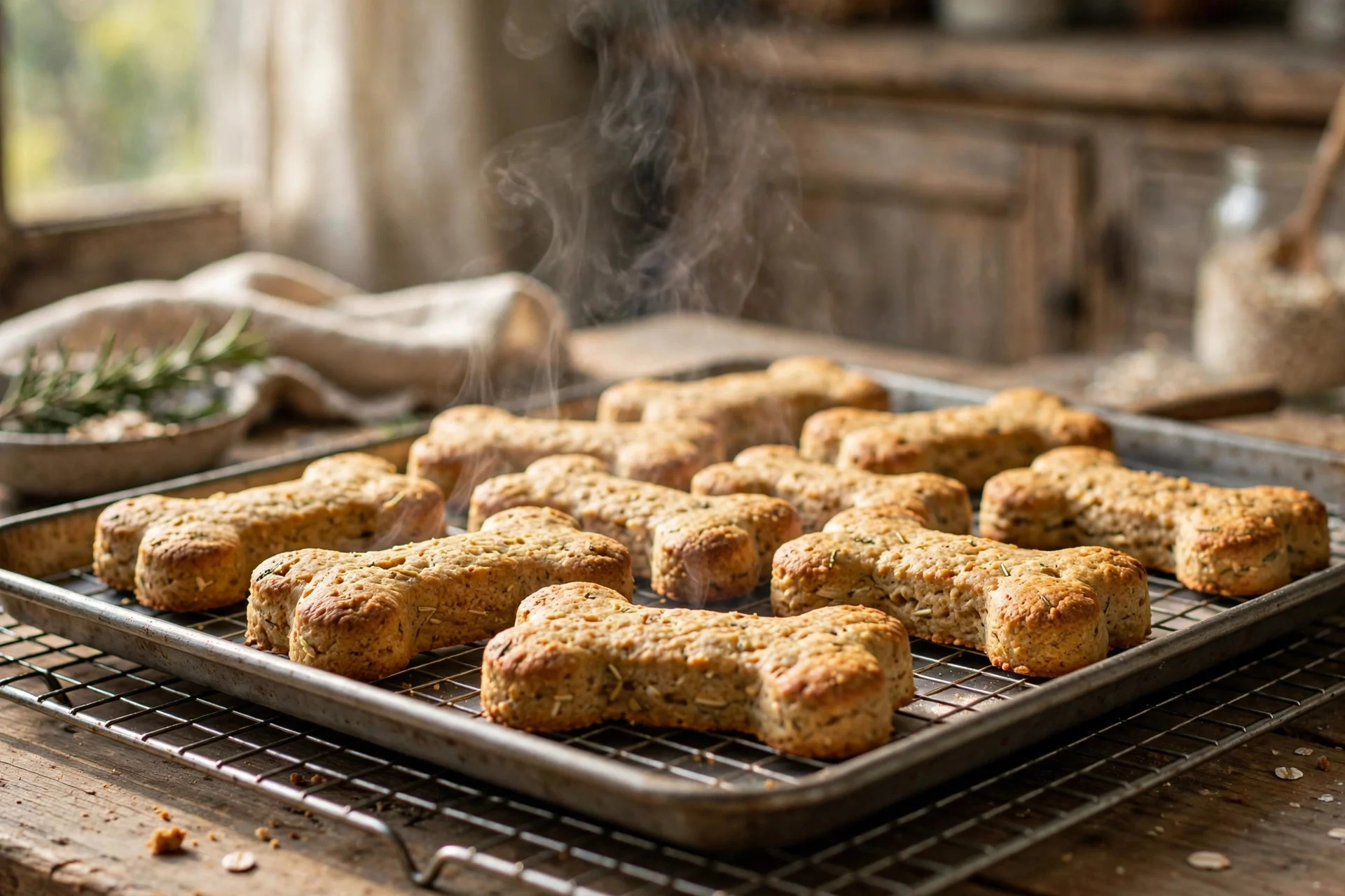 Freshly baked homemade calming dog biscuits cooling on a rack