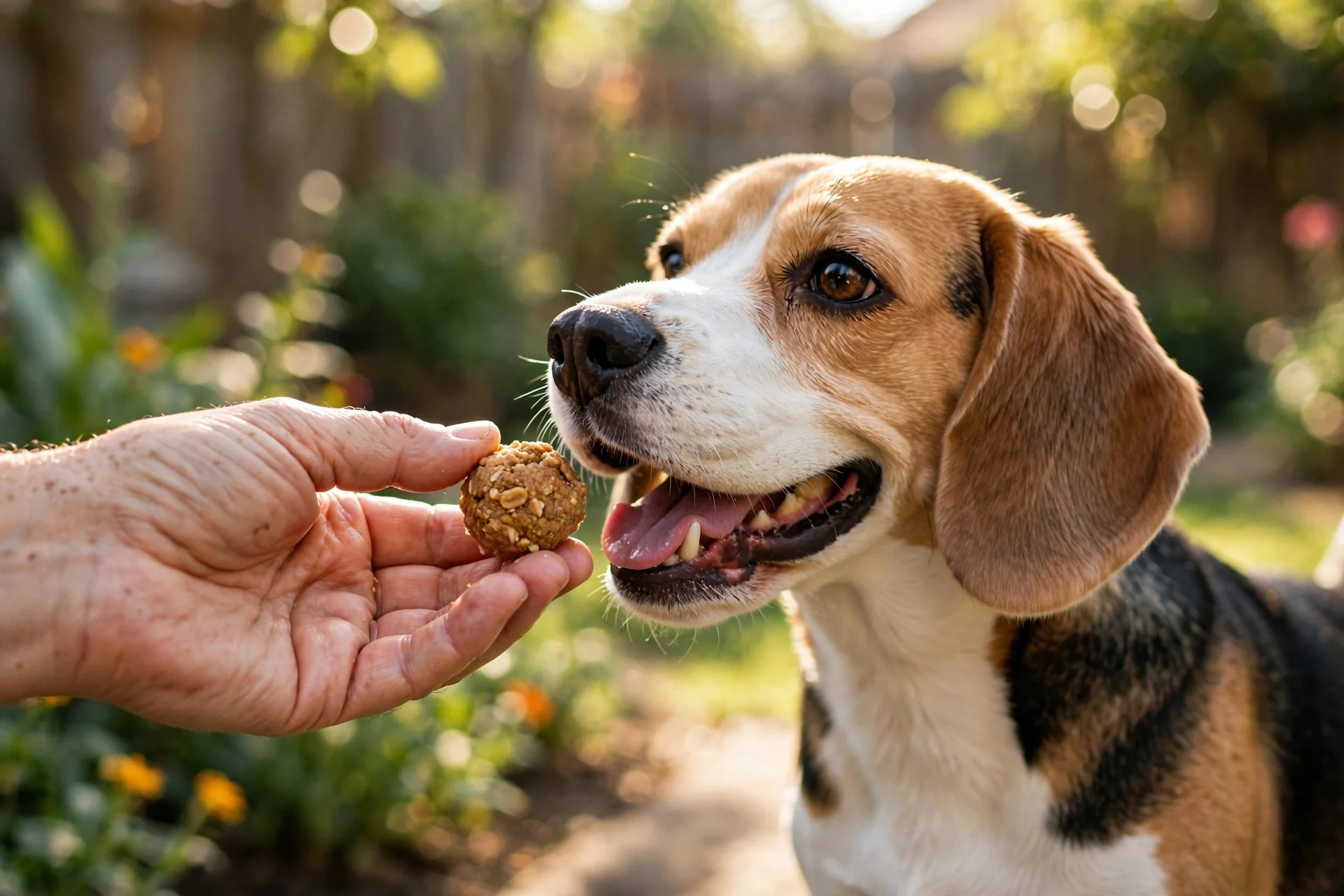 Dog happily taking a homemade calming treat from owner's hand