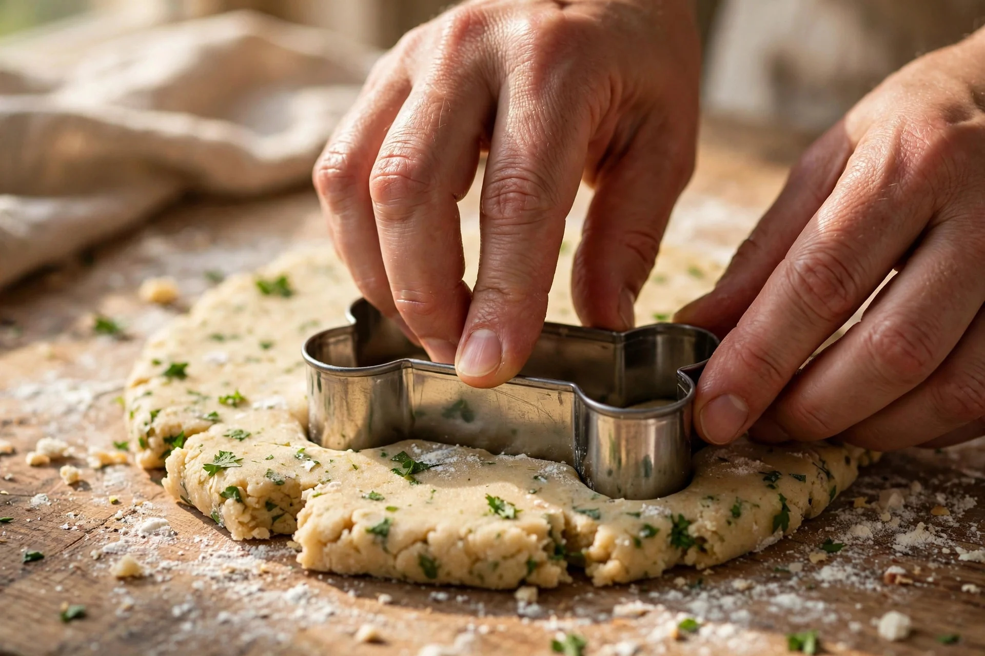 Hands cutting bone-shaped dental dog biscuits from dough