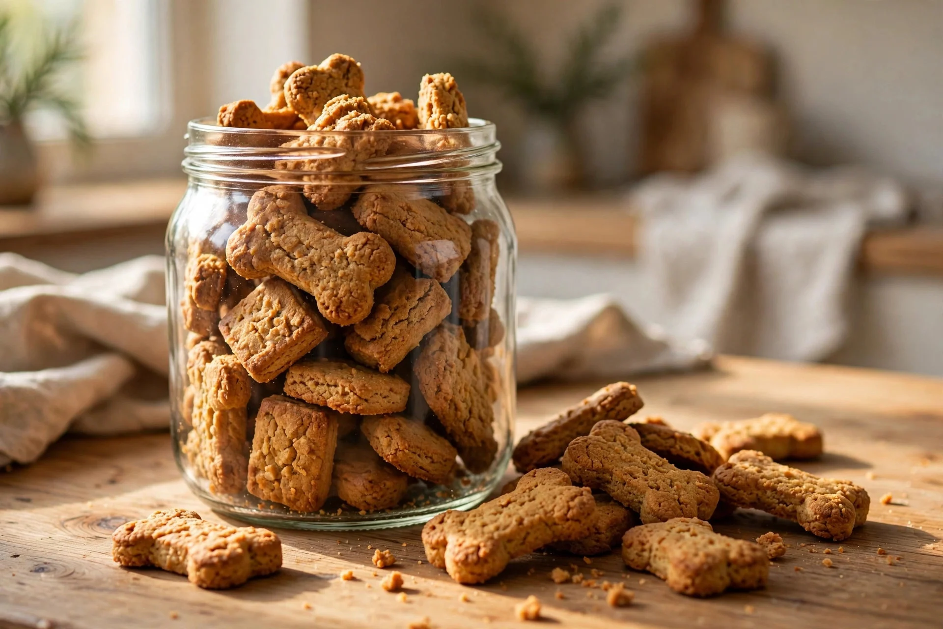Crunchy homemade dental dog biscuits in a glass jar