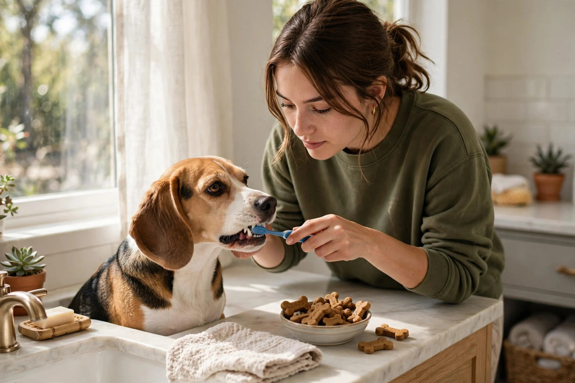 Owner brushing dog's teeth with homemade dental treats nearby