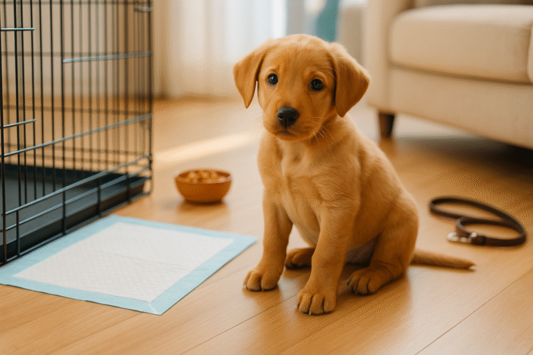 Cute puppy learning house training beside crate and training pad indoors.