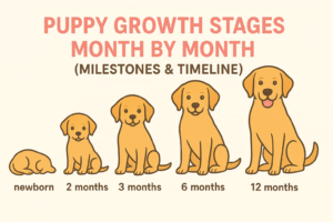 Puppy growth stages month by month – development milestones from newborn to 1 year.