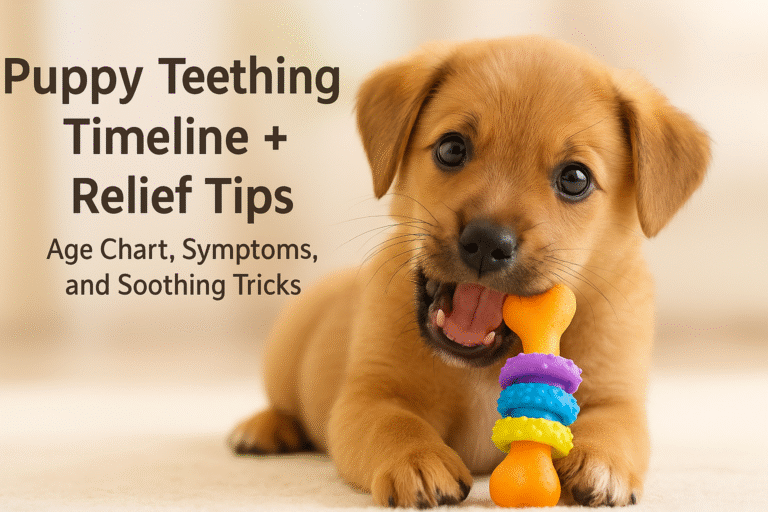 Teething puppy chewing a safe rubber toy for relief during teething phase