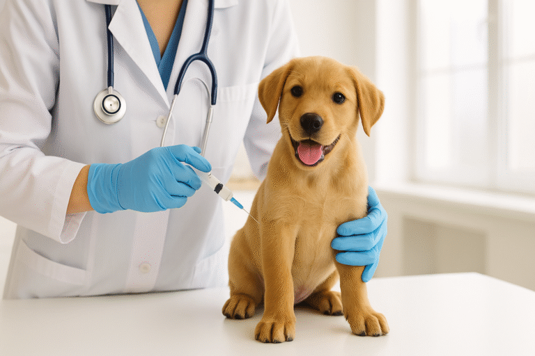Veterinarian giving puppy vaccination at a clinic