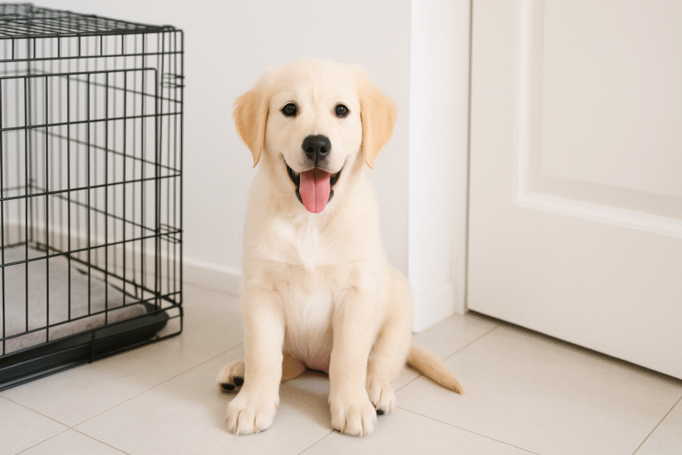 Happy puppy learning potty training beside crate.