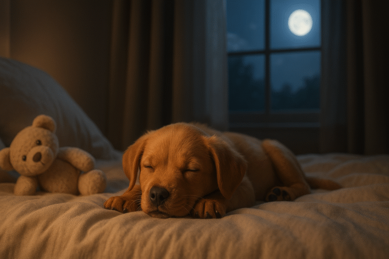 Calm puppy sleeping peacefully at night after playtime.