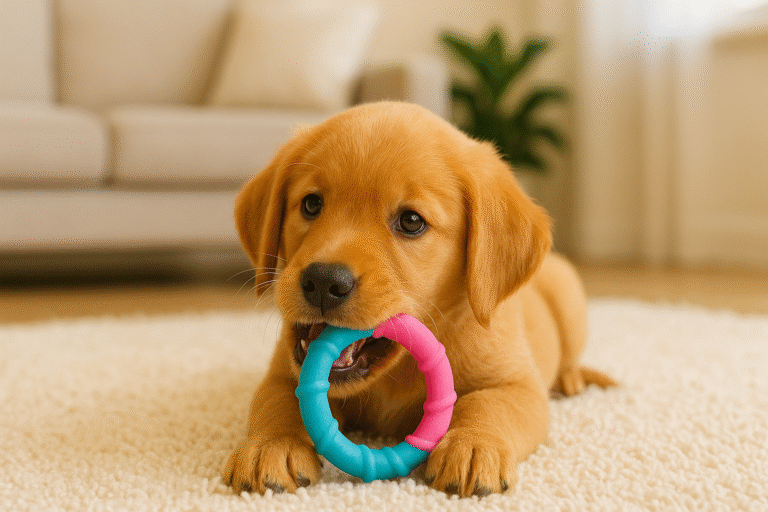 puppy chewing safe rubber teething toy at home