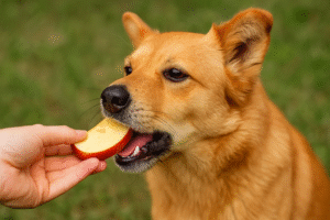 Dog eating apple slices safely