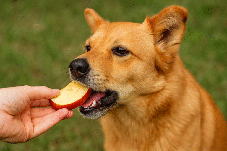 Dog eating apple slices safely