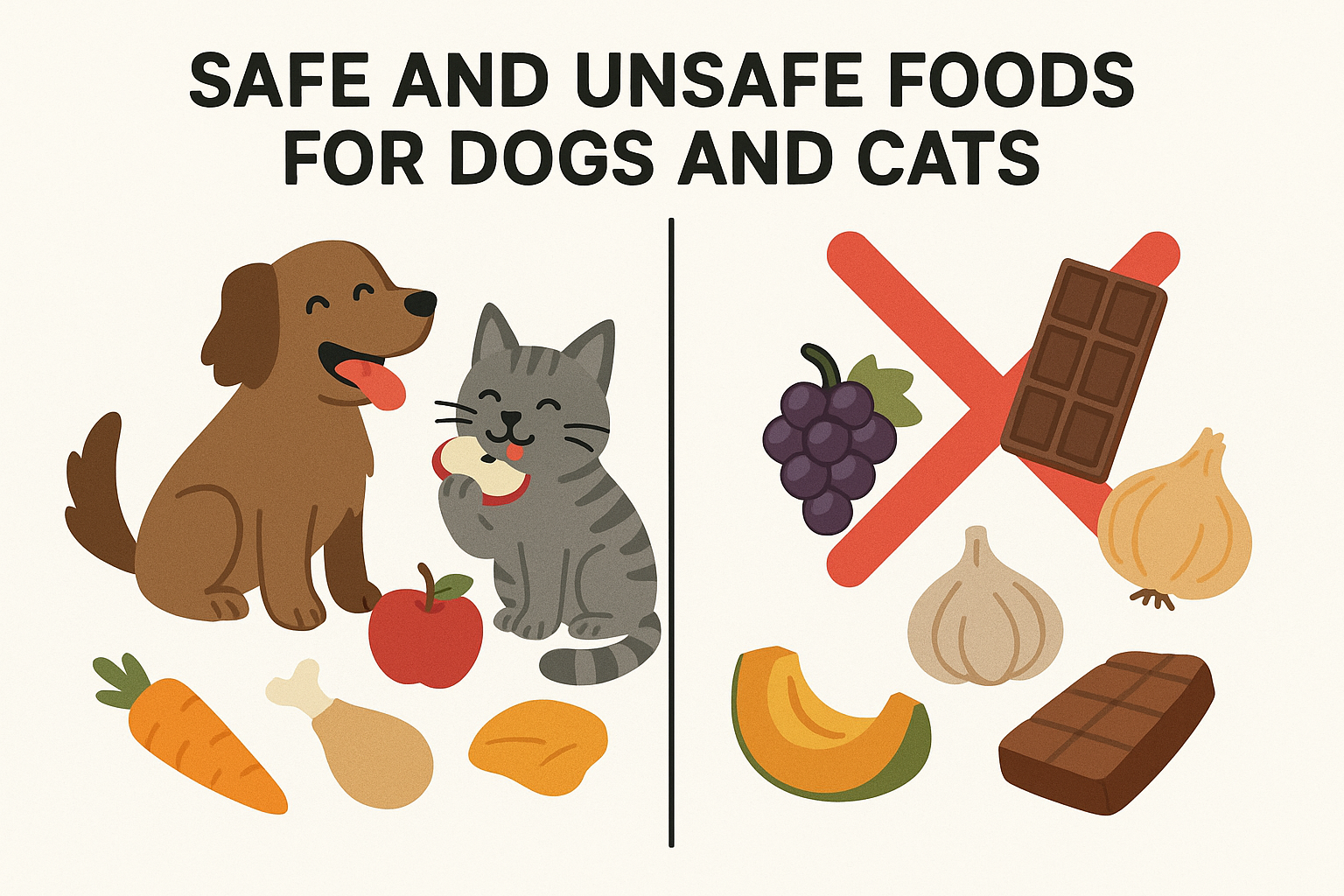 Safe and unsafe foods for dogs and cats visual guide