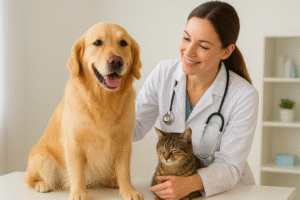 Healthy dog and cat during routine veterinary checkup
