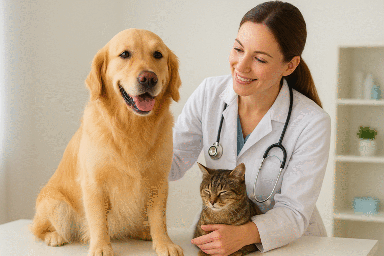 Healthy dog and cat during routine veterinary checkup
