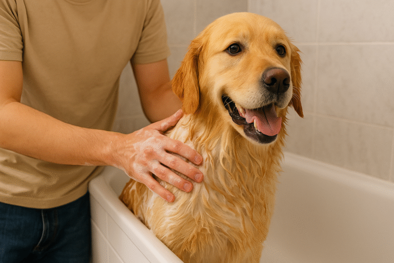 Golden retriever being bathed at home by owner.