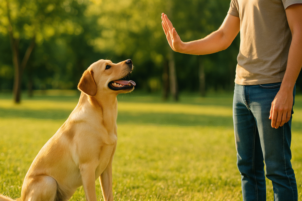 Dog sitting calmly while owner gives stay command with hand signal