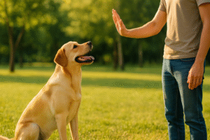 Dog sitting calmly while owner gives stay command with hand signal