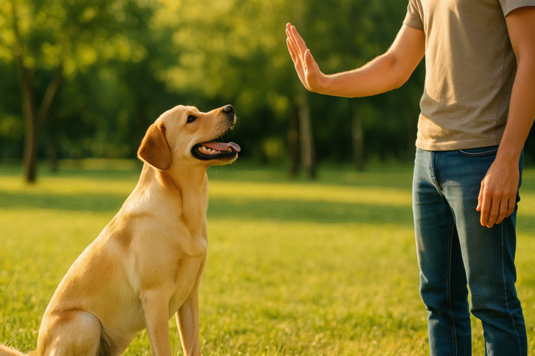 Dog sitting calmly while owner gives stay command with hand signal