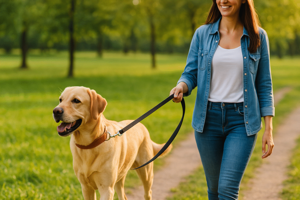 Happy dog walking calmly on a leash beside its owner