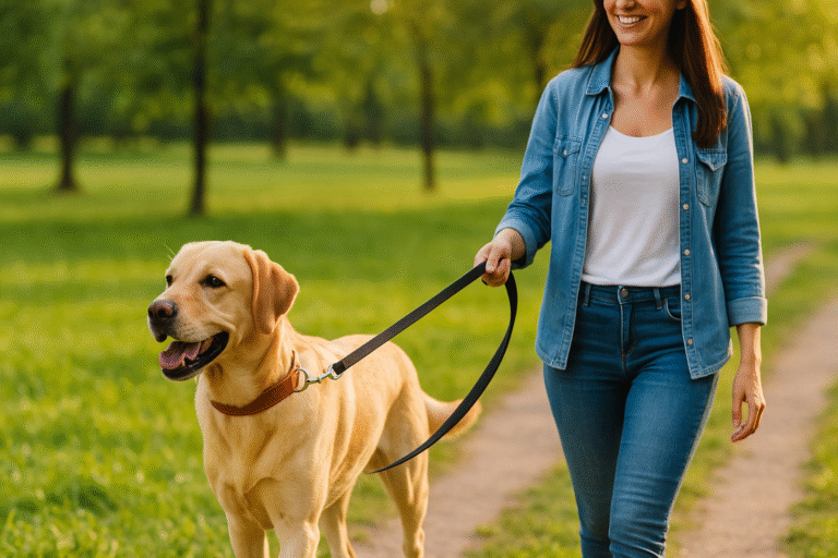 Happy dog walking calmly on a leash beside its owner