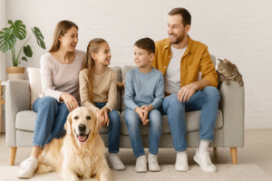 Happy family living room scene with dog and cat enjoying a pet-friendly lifestyle.