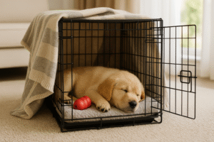 Happy puppy sleeping in a cozy crate during crate training