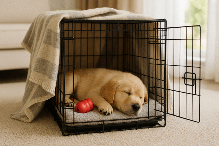 Happy puppy sleeping in a cozy crate during crate training