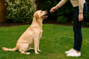 Dog learning sit command with positive reinforcement training.