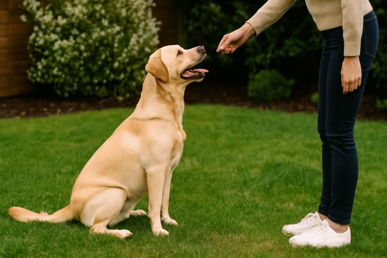 Dog learning sit command with positive reinforcement training.