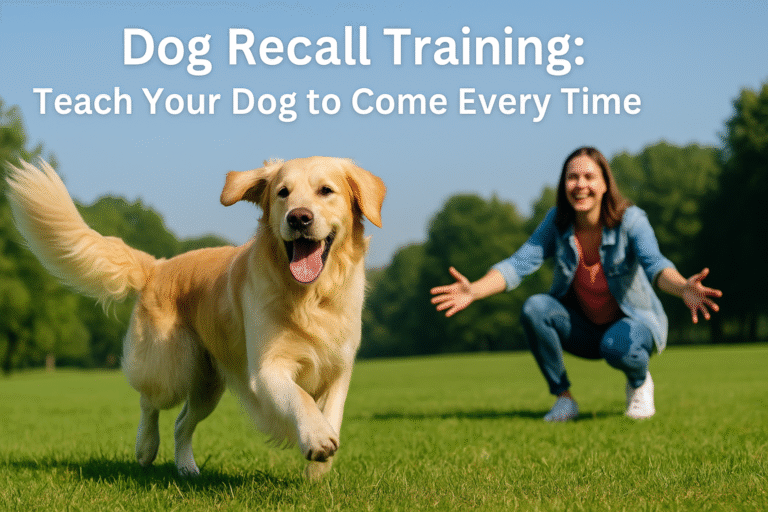 Dog running back to owner during recall training in the park.
