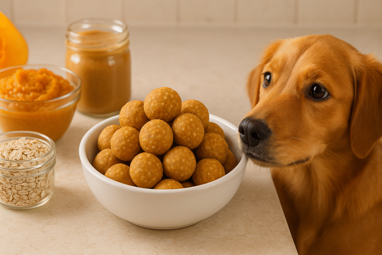 Easy pumpkin dog treats made with oats, pumpkin, and peanut butte