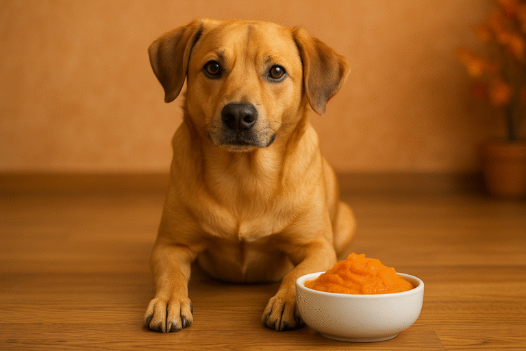 Dog sitting with a bowl of pumpkin dog treats