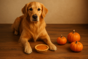 Dog sitting beside a homemade pumpkin pie made for dogs