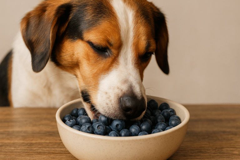 Dog eating fresh blueberries from a bowl safely