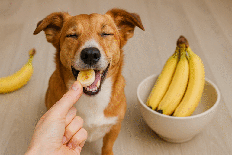 Can dogs eat bananas daily? Happy dog eating banana slices safely