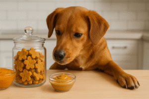 Dog with homemade pumpkin dog treats made with pumpkin, oats, and peanut butter