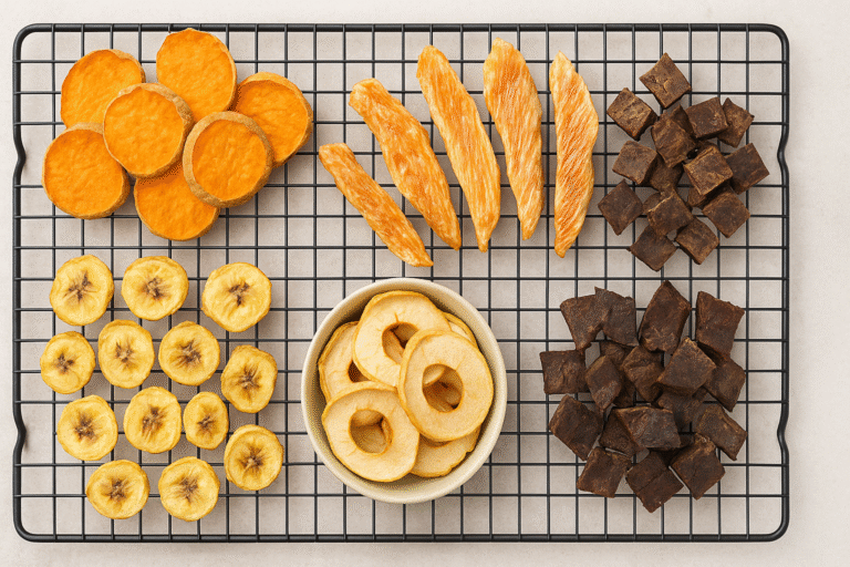 homemade dehydrated dog treats assortment on tray